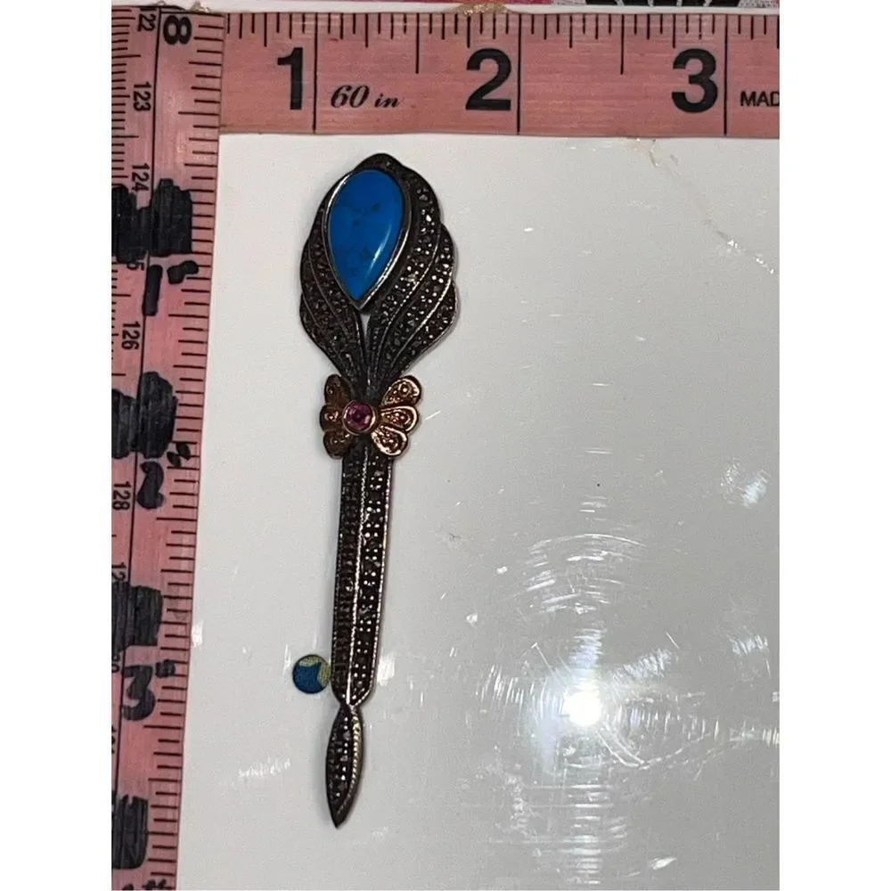 Antique Art Deco Marcasite Turquoise Pink Sapphire C-Clasp Pin Brooch